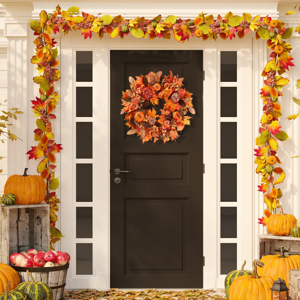 Fall Wreath 20'' Autumn Front Door Wreath with Various Pumpkin Cluster of Berries Maple Leaves Pine Cones for Outside
