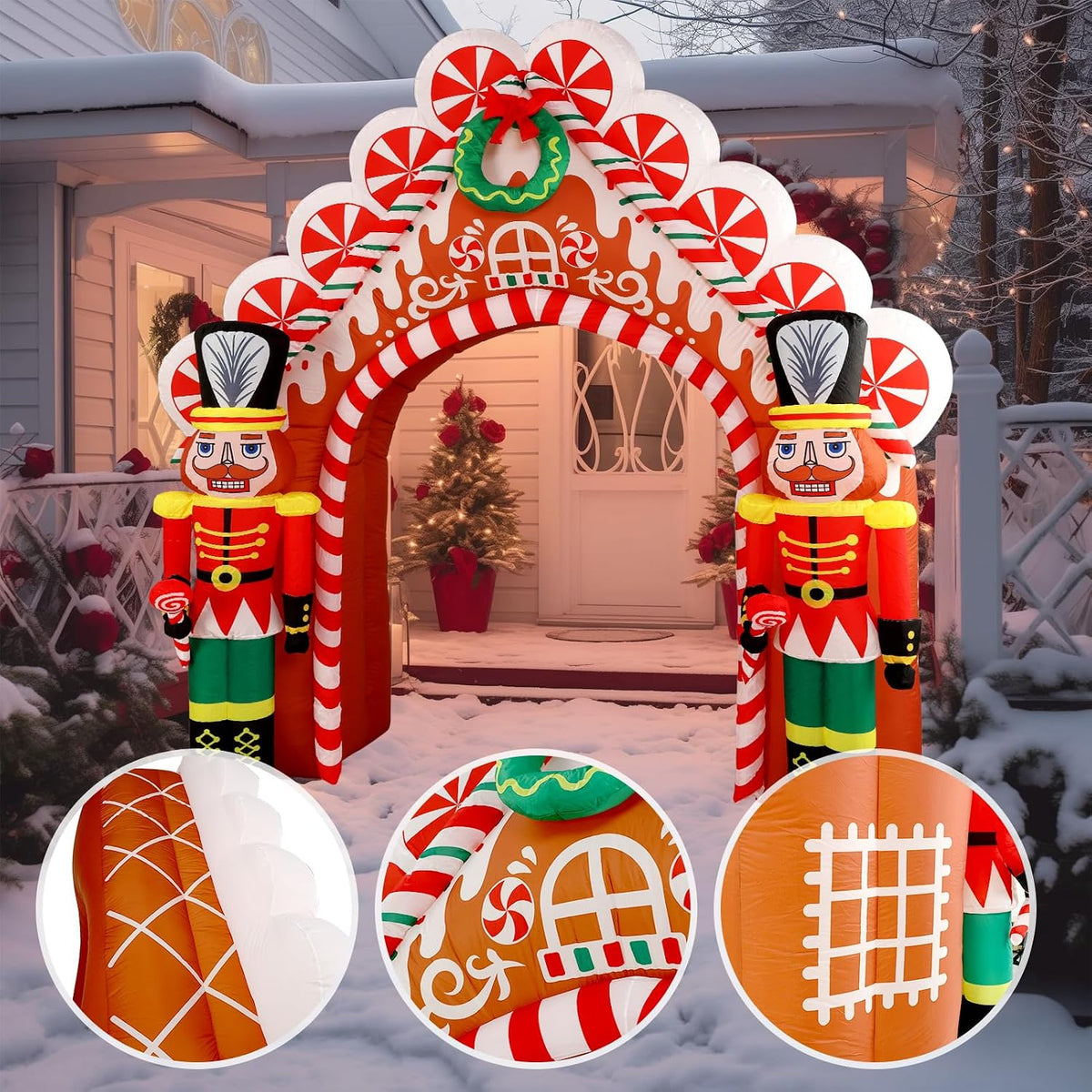 10 Ft Christmas Inflatable Gingerbread Candy House with Nutcrackers Outdoor Decorations, Giant Xmas Blow Up Yard