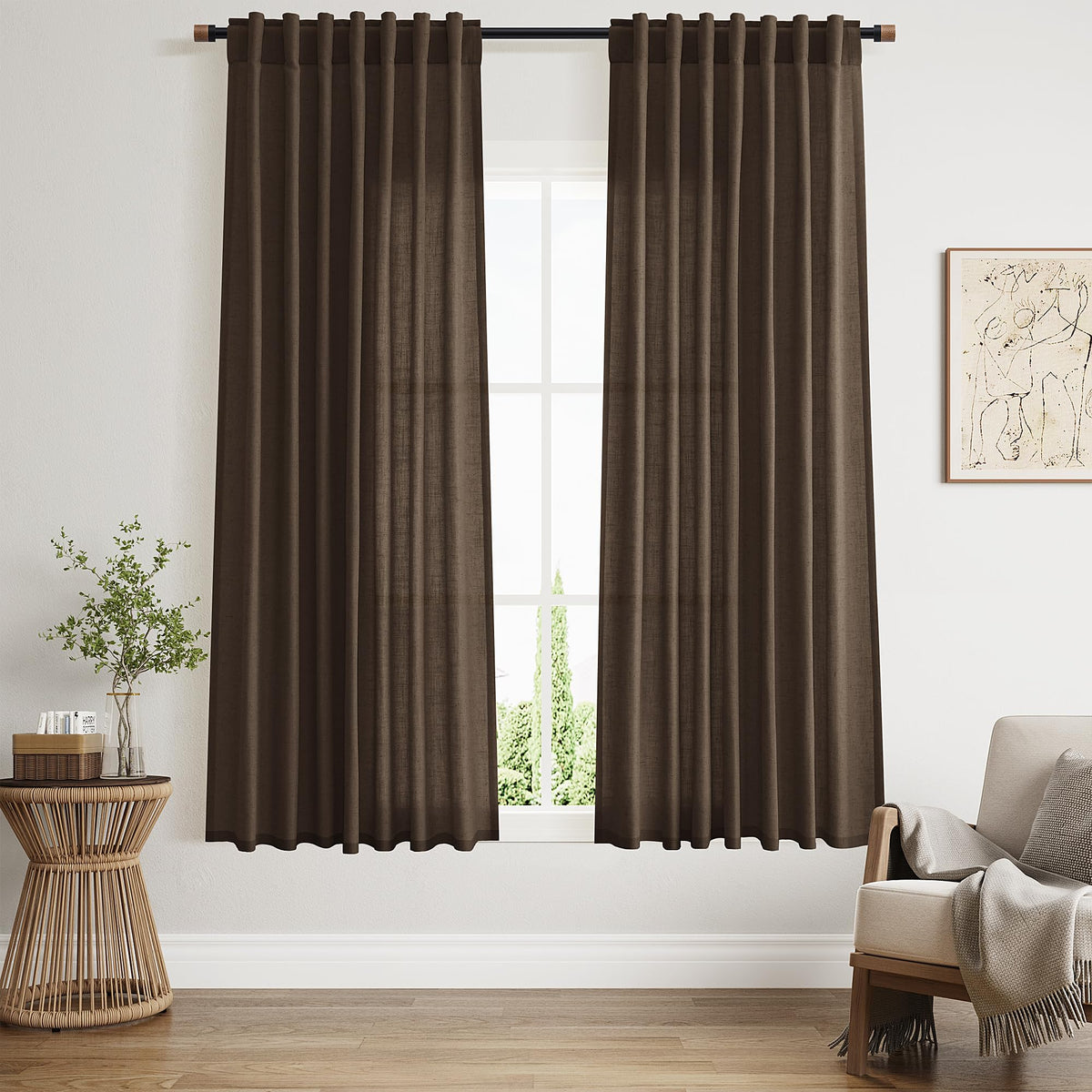Chocolate Curtains 63 Inches Long 2 Panel Sets Bedroom, Light Filtering Linen Drapes Windows Rod Pocket or Back Tab