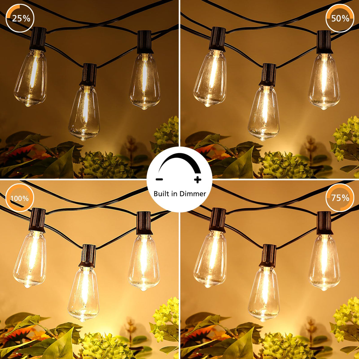 Dimmable Outdoor String Lights with Remote, 3 Colors in 1 LED Patio Light for Outside with 25+1 ST38 Edison Bulbs