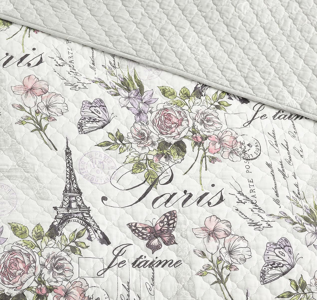 Resort Paris Floral, Pre-Washed, 3-Piece Reversible, Featuring, Eiffel Towers, Roses, Botanical Leaves, Postcards