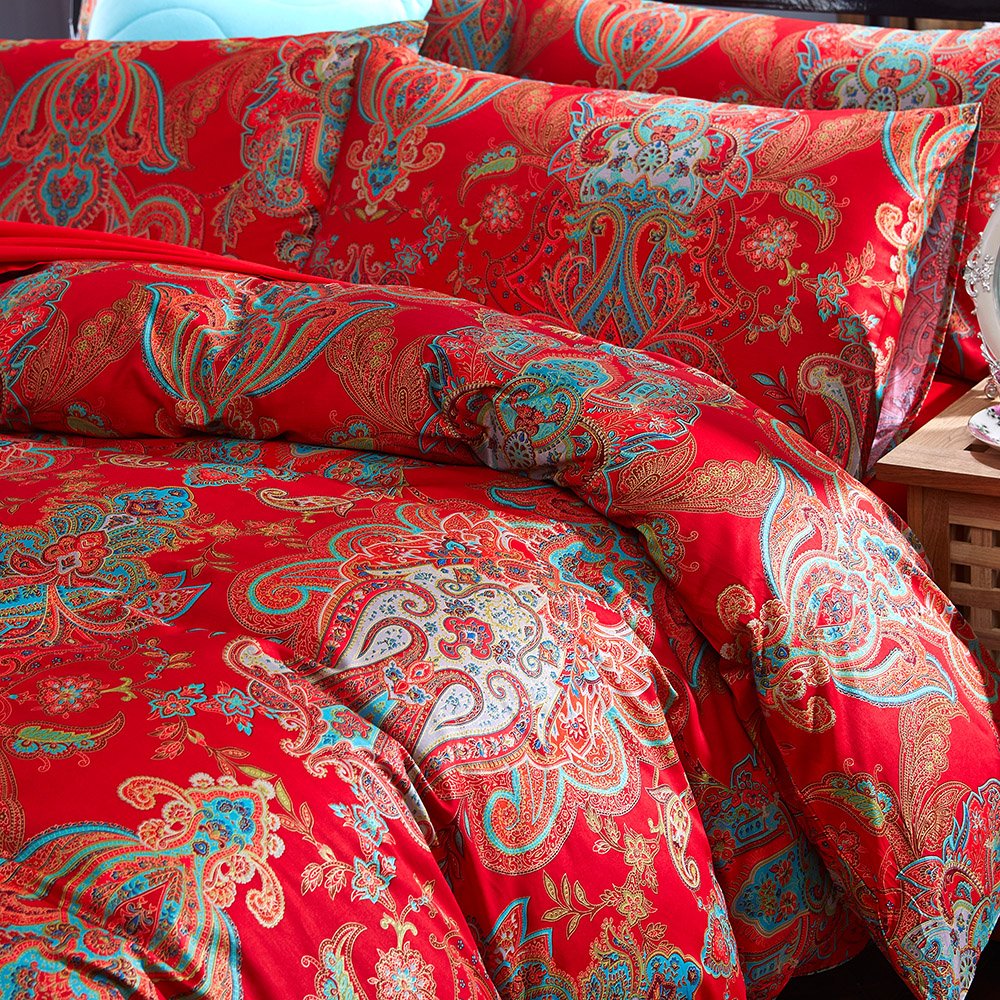 Red Paisley Comforter Sets King Size Bed Shabby Chic Print Comforter All Season 3 Pieces 1 Fluffy Soft Comforter with