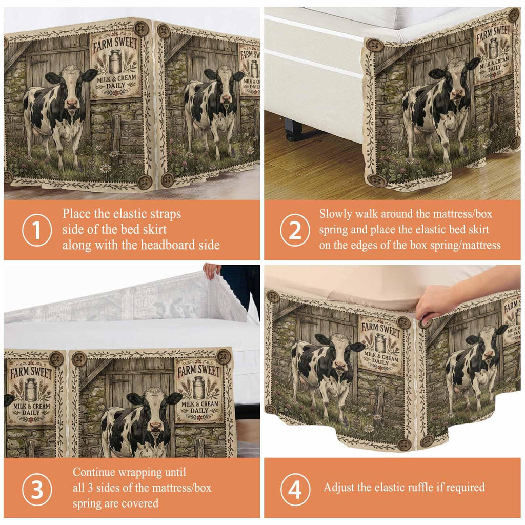 Holstein Cow Bed Skirt Size Bed Skirting 16 Inch Drop Adjustable Elastic Dust Ruffles Wrap Around Bedskirt