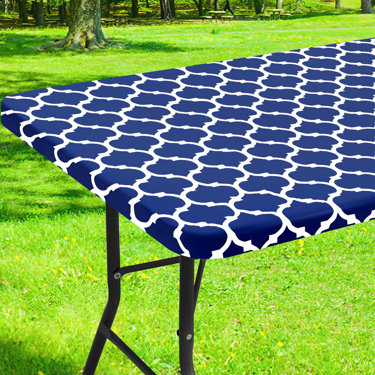 Picnic Fitted Table Cover, 8 Foot Flannel Backed Vinyl Tablecloth