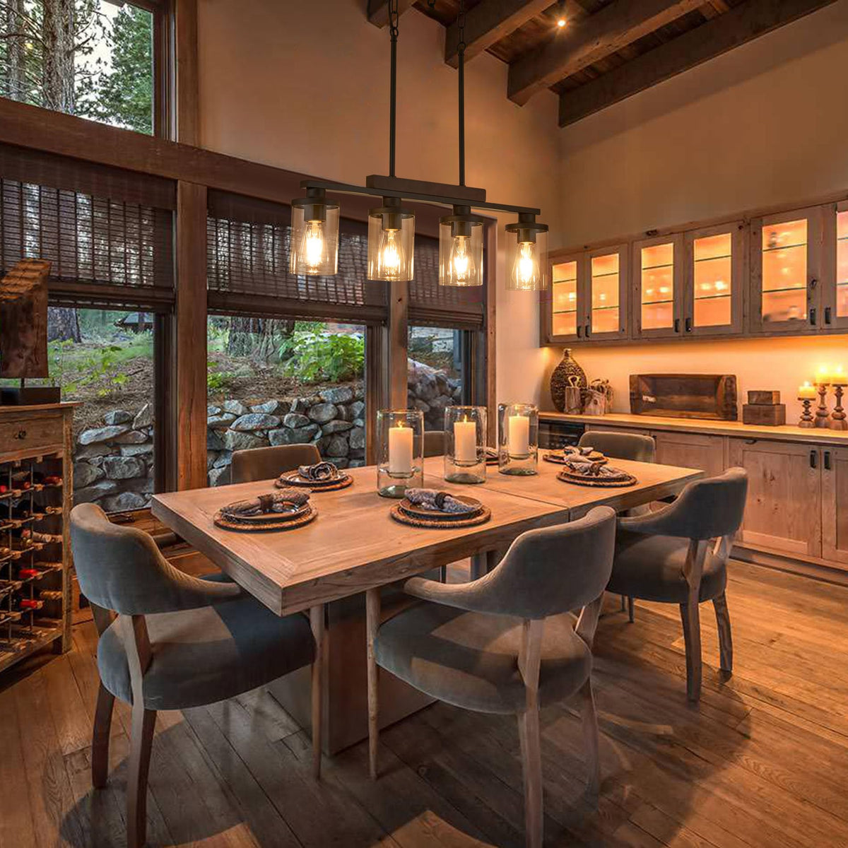 Wood Kitchen Island Lighting,4-Light Farmhouse Dining Room Light Fixture Matte Black Modern Chandeliers Over Table