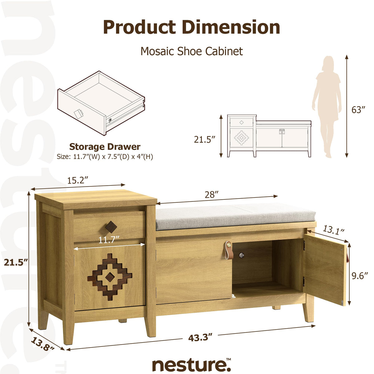Entryway Bench with Storage, 3 in 1 Storage Bench with 1 Drawer and 2 Cubbies, 44" Rustic Wooden Seat with Cushion