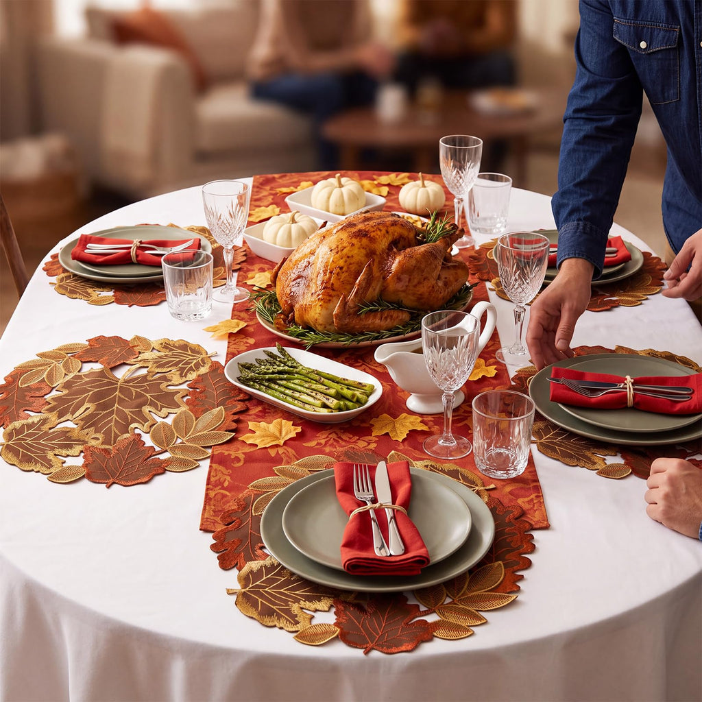 12 Pcs Fall Thanksgiving Placemats, Maple Leaves Embroidered Mats
