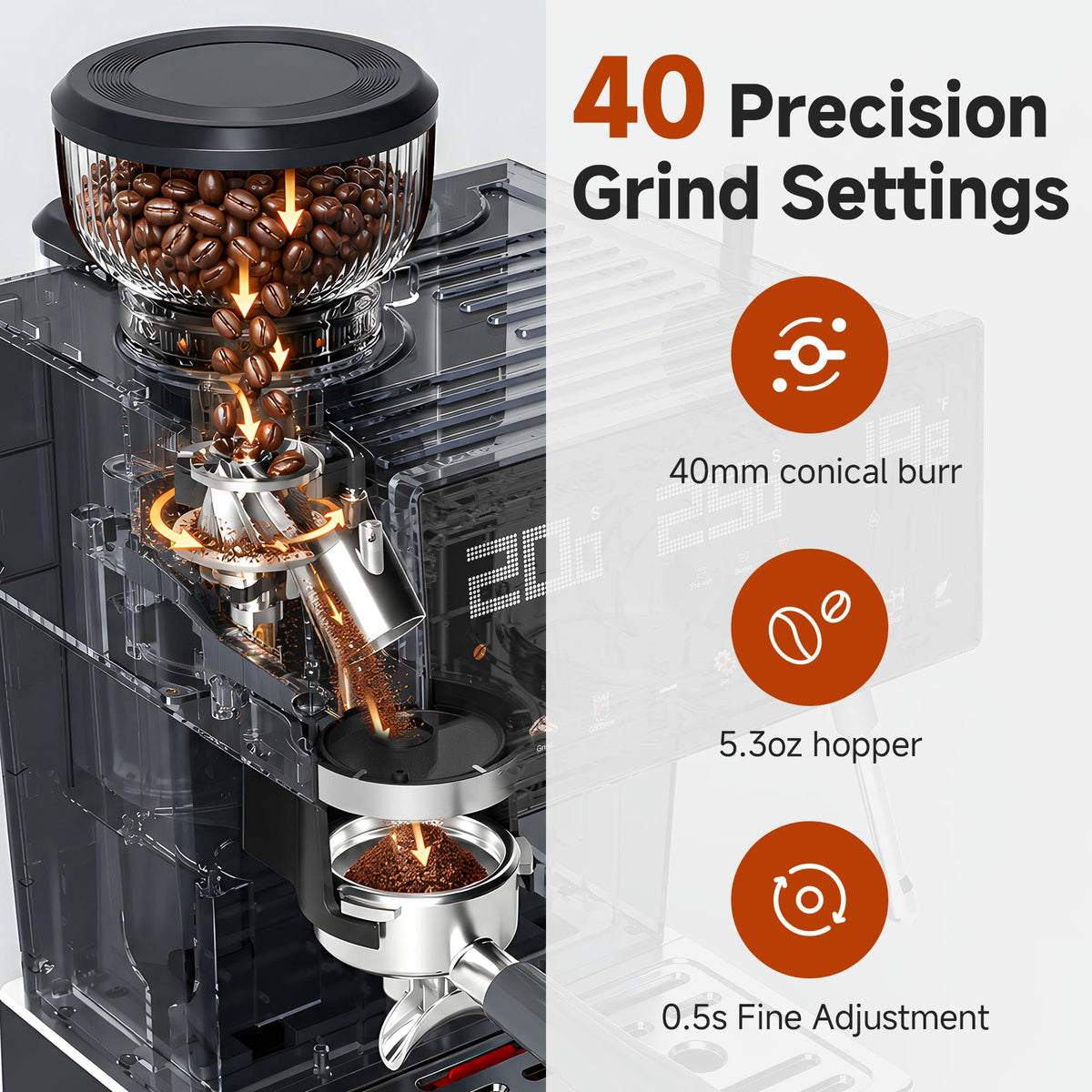 Espresso Machine with Grinder, 1500W, 40 Grind Settings