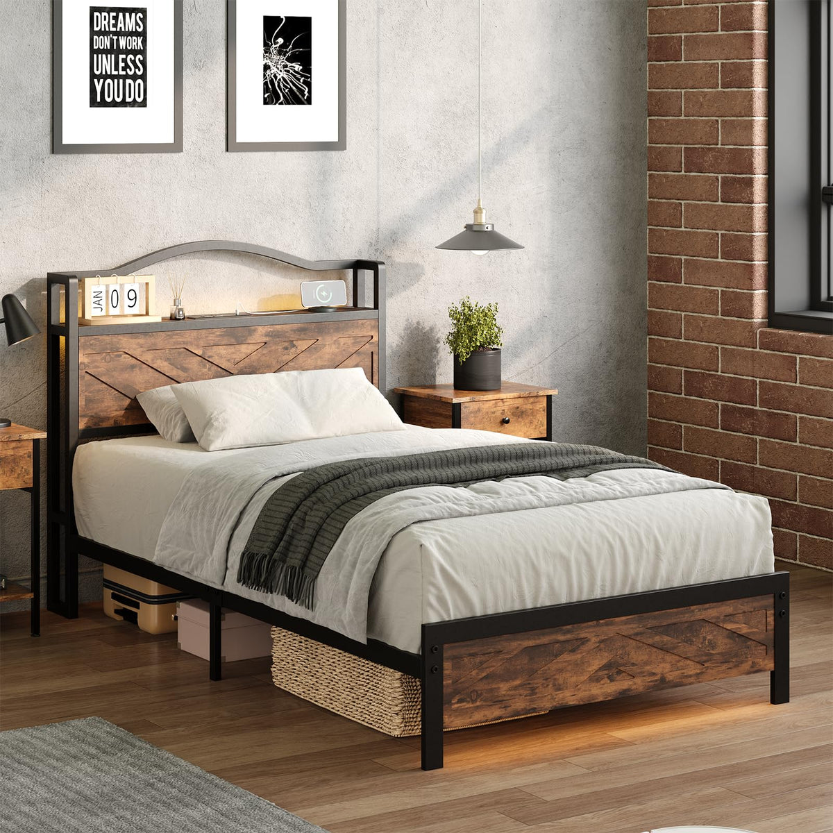 Bed Frame, Farmhouse Storage Headboard, LED Lights, Brown
