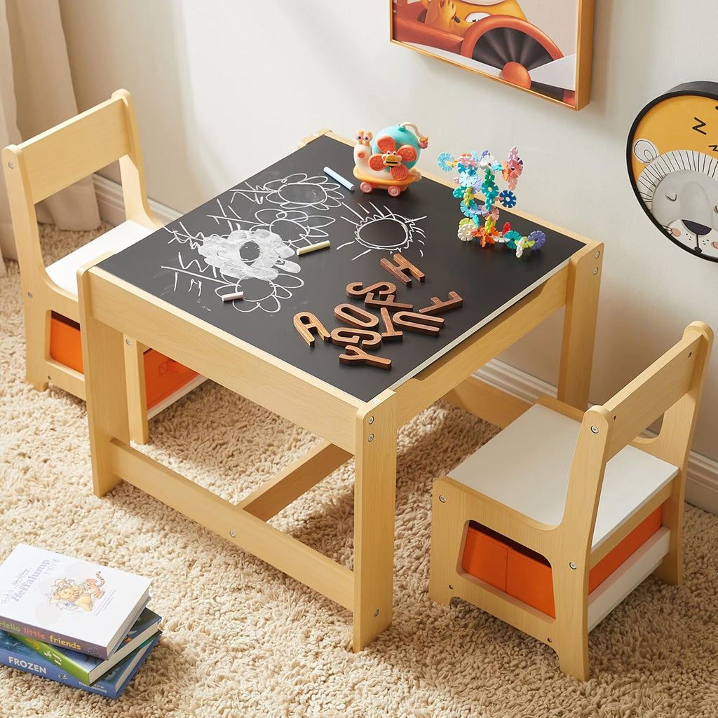 Kids Table and Chair Set, 3 in 1 Wooden Activity Table with Storage Drawer for Toddlers Drawing, Reading, Crafts, 2