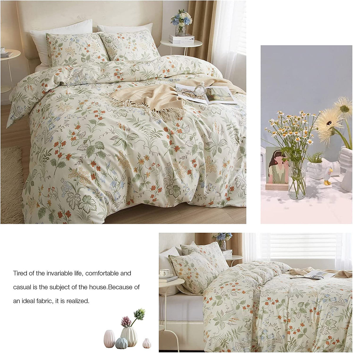 Garden Floral Duvet Cover Twin Size Cotton Bedding Comforter Cover Set with Zipper Ties, Paisley Jacquard Floral Hotel