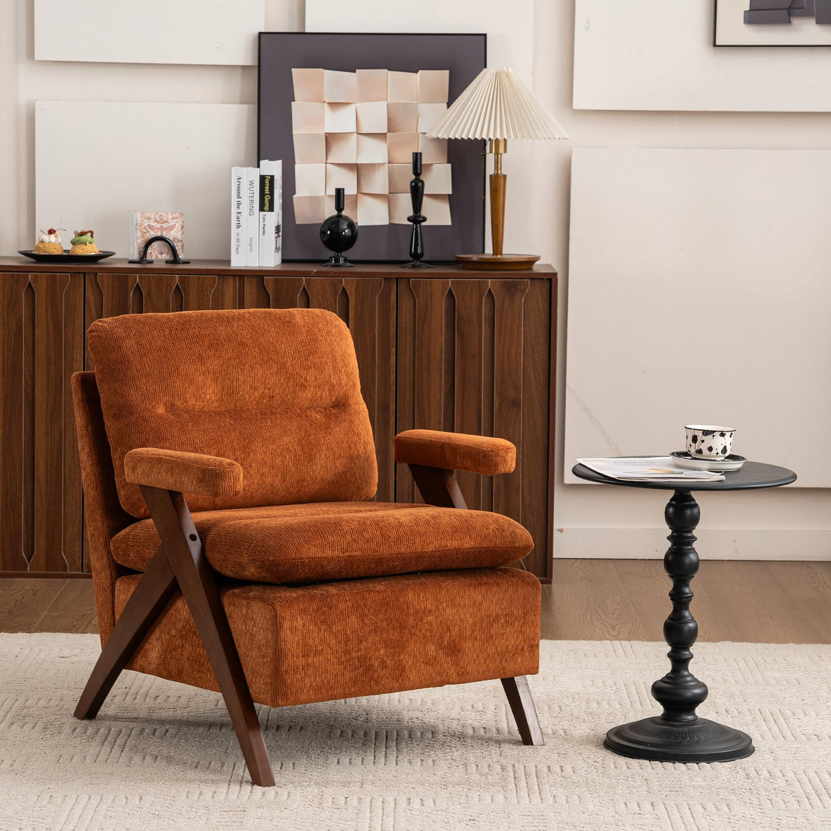 Mid Century Modern Accent Chair, Comfy Solid Wood Armchair with Tufted Fabric Cushion, Cozy Reading Chair & Small