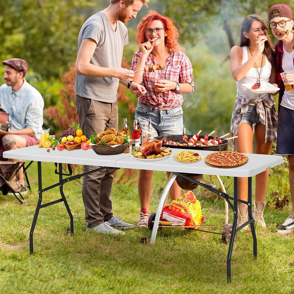 6FT Folding Table, Heavy Duty Plastic Table Portable Fold-in-Half Utility Table Indoor Outdoor Picnic Table w/Handle