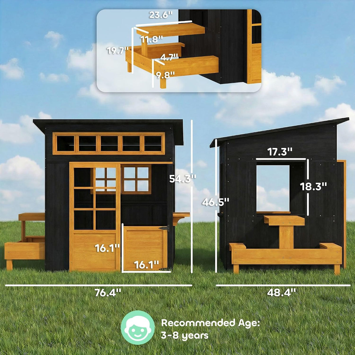 Fir Wood Outdoor Playhouse for 3-8: Chalkboard Walls, Built-in Picnic Table & Benches, 110lb Capacity