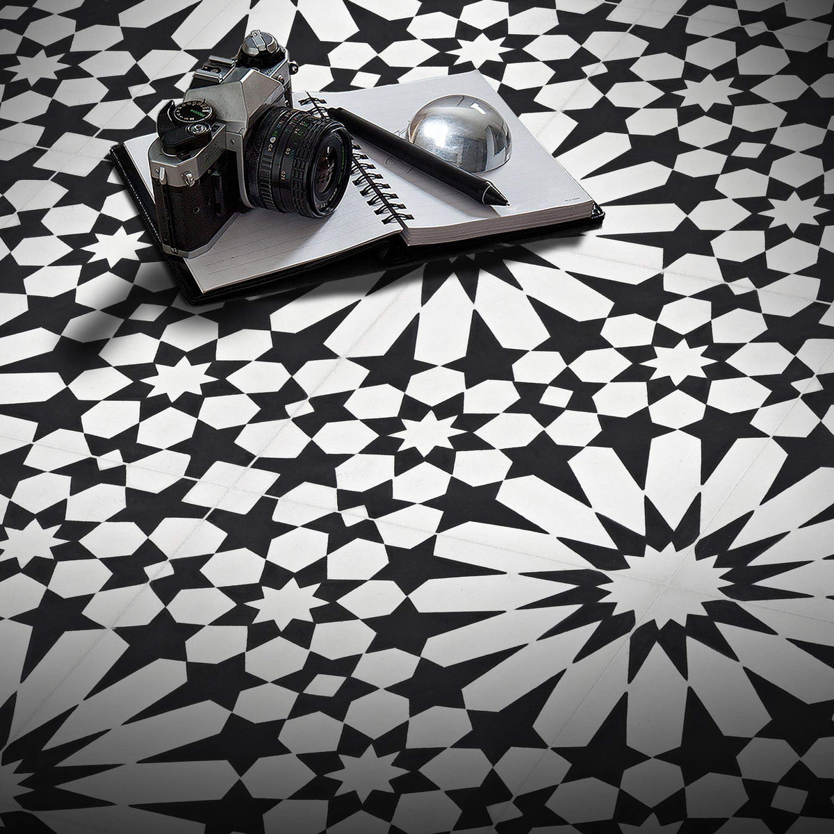 Agdal Handmade Cement Tile in Black and White, 8"x8, 5 Sq Ft