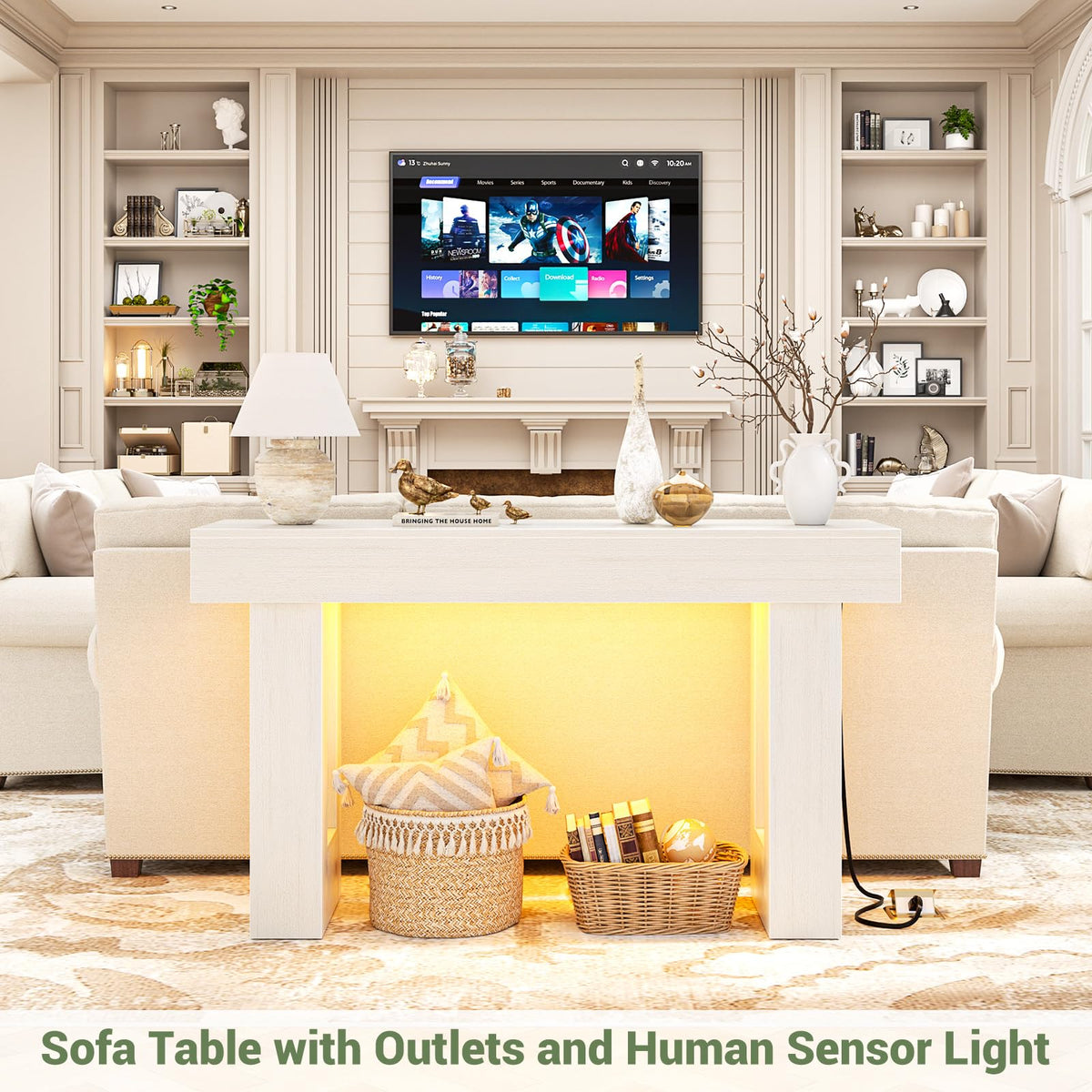 47" Entryway Table with Sensor Light and Outlets, Rustic White