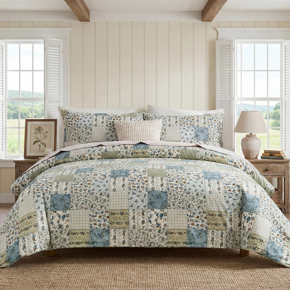 Vintage Floral Comforter Set 100% Cotton Blue Patchwork Bedding Comforter Sets All Season 3 Pieces Shabby Chic