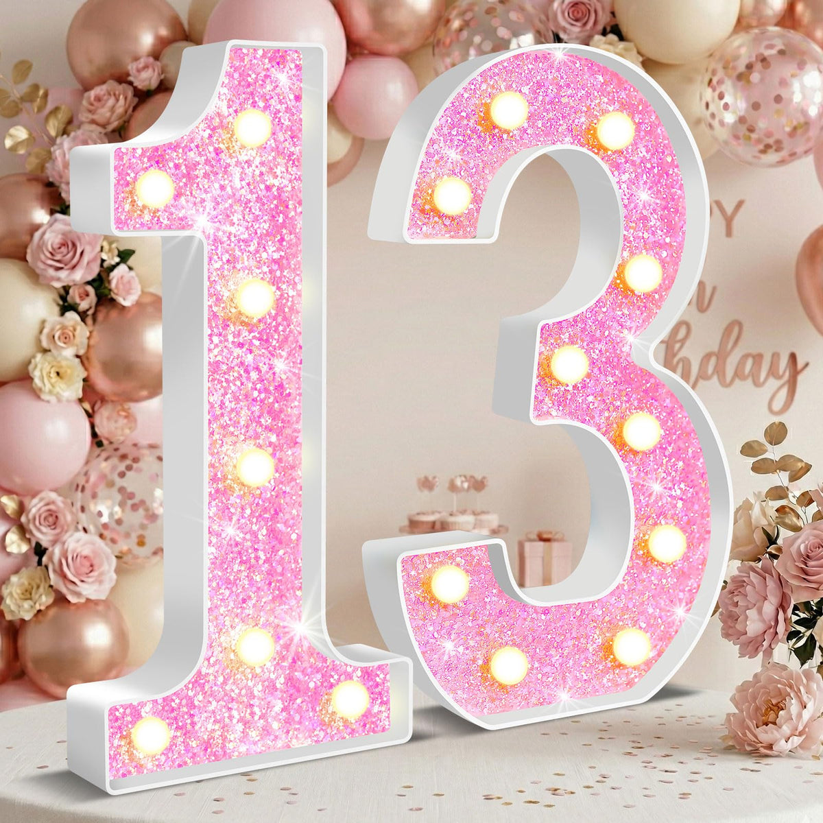 12.6 Inch Pink Marquee Light Up Numbers 13 for Party Decorations