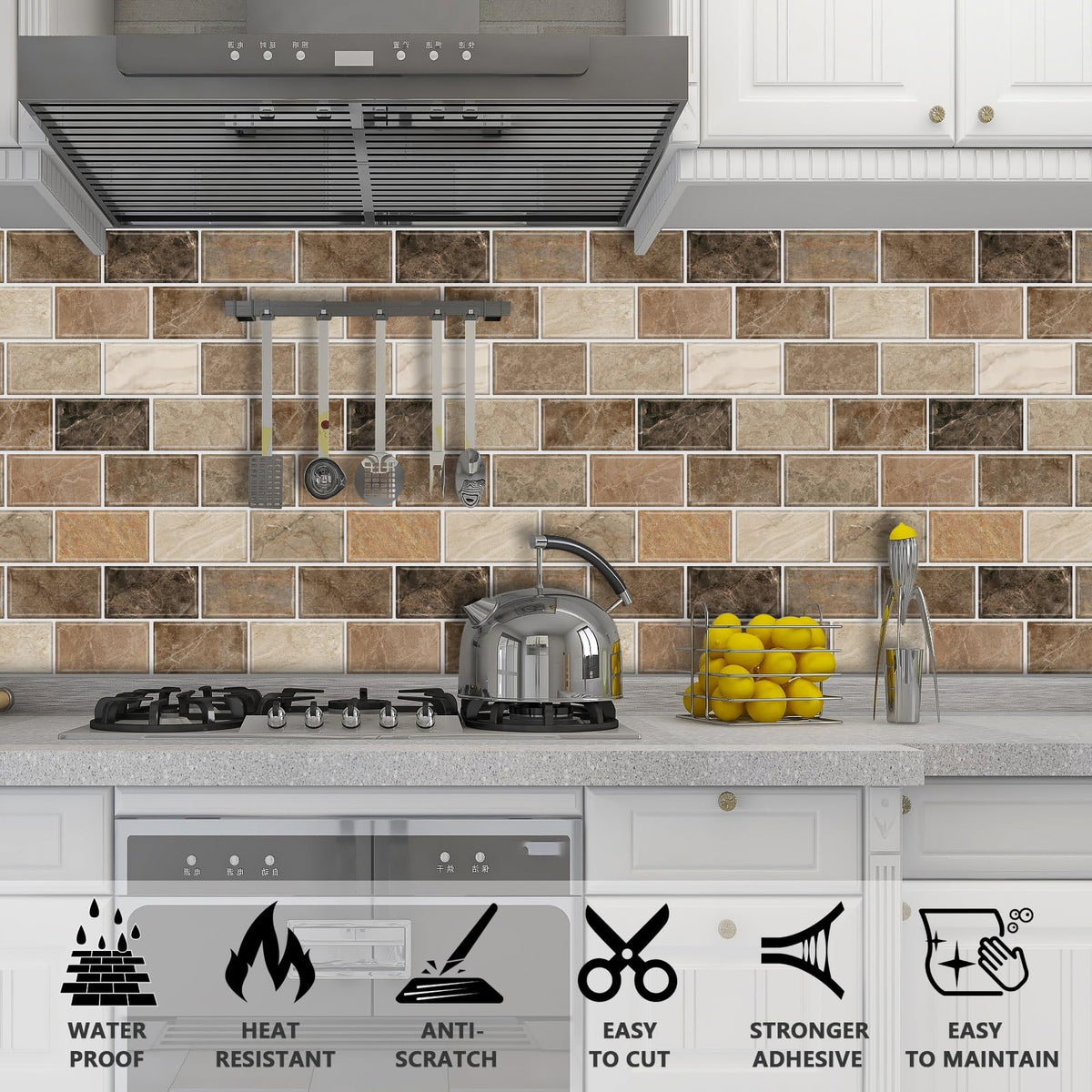 10-Sheet Stick on Backsplash ,12"x12" Peel and Stick Self Adhesive Wall Tiles Back Splashes Brown Marble Look