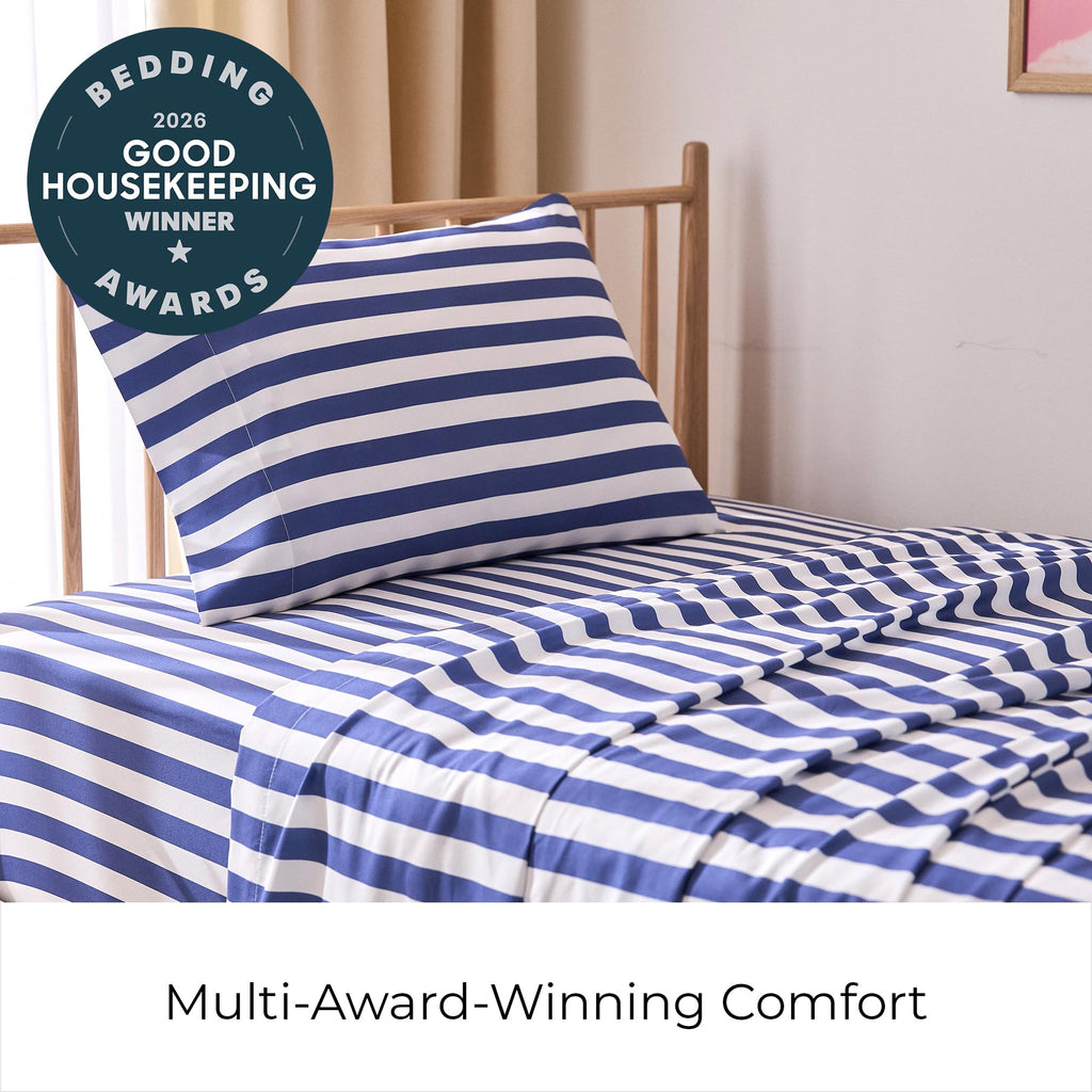 Iconic 3-PC Bed Sheets, 16" Deep (Oxford Stripe Blue Nova)