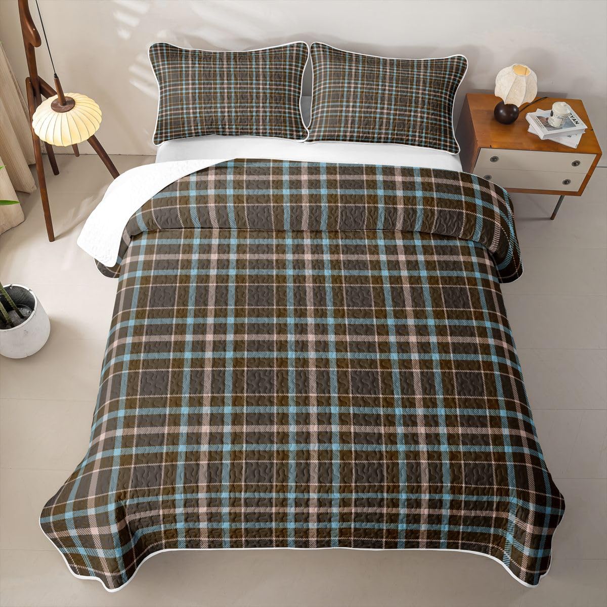 Checkered Plaid Quilt Rustic Stripes Gingham Quilt Set |Brown Blue Grid Coverlet Vintage Checkered Lodge Quilted
