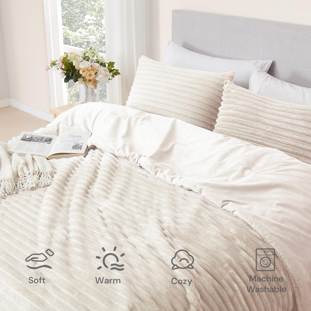 Cream White Fleece Queen Comforter Set - 3 Pieces Faux Fur Beige Comforter Queen, Soft Warm Fluffy Bedding Set