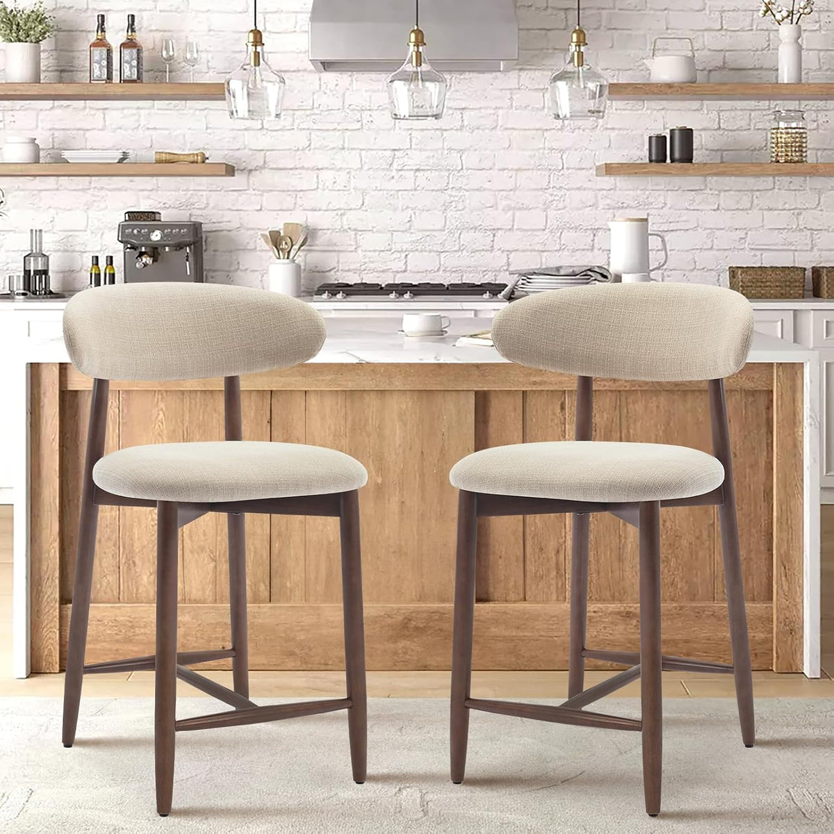 Counter Height Bar Stools Set of 2, Kitchen Bar Stools with Back, Mid Century Modern Upholstered, with Wood Legs