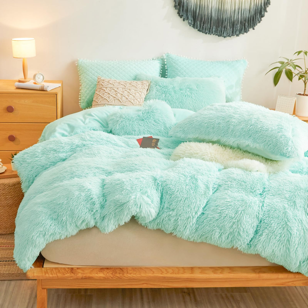 Plush Fluffy Aqua Comforter Cover Set - Faux Fur Plush Aqua Bedding 2-Piece Set (1 Furry Duvet Cover + 1 Shaggy