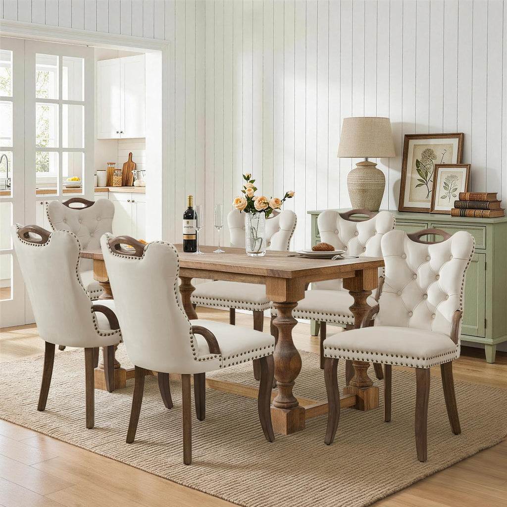 Velvet Dining Chair Set of 2, Solid Wood Handles, Upholstered Tufted Dining Room Chair with Nailhead Trim (Beige)