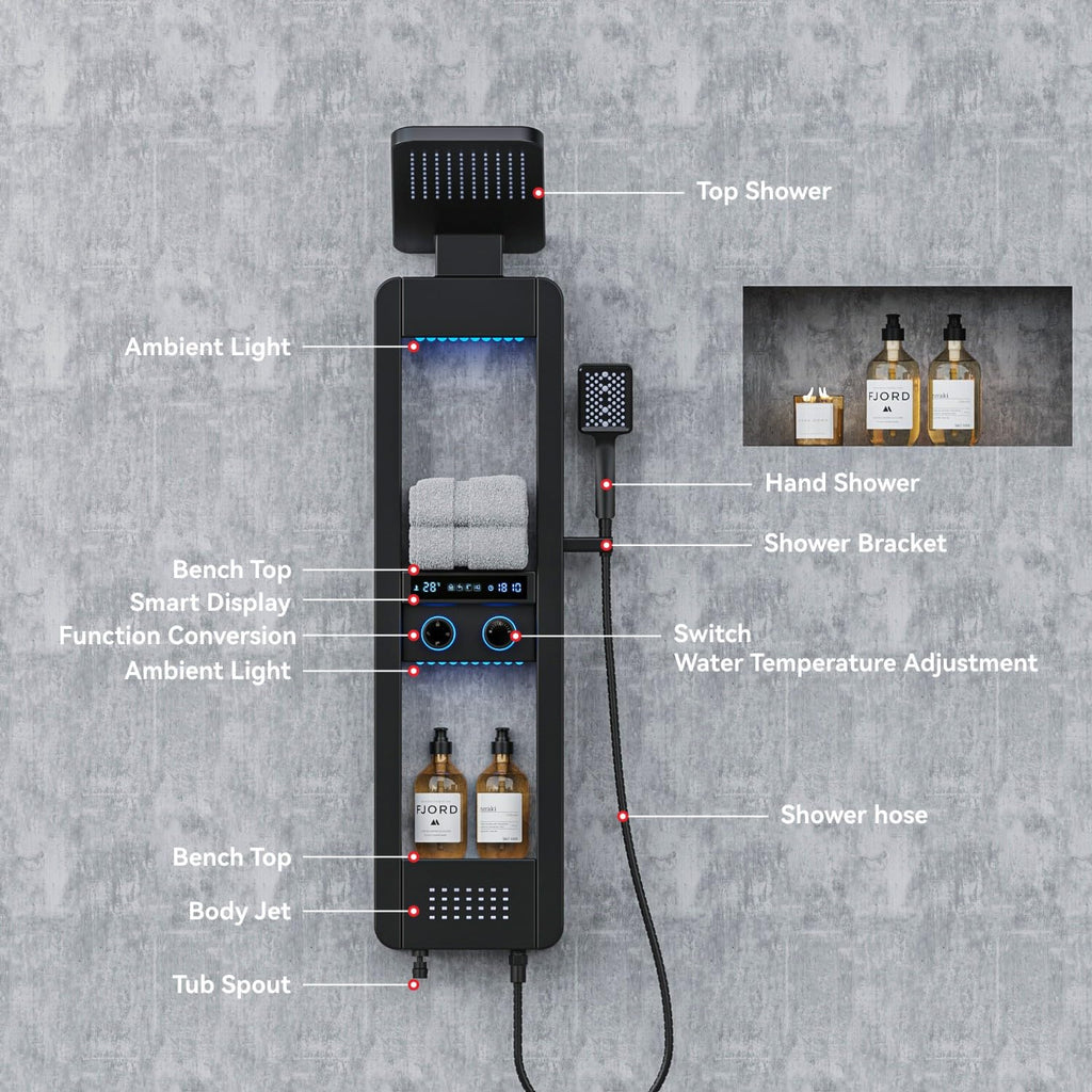 Stainless Steel Shower Panel Tower System with LED Display Matte Black