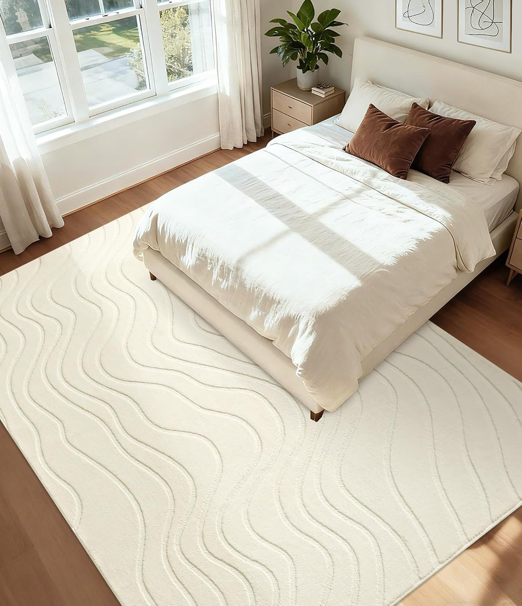Abstract Wave Striped Area Rug, Modern Washable High-Low Pile Rug, Soft Textured Carpet, Beige Ivory White