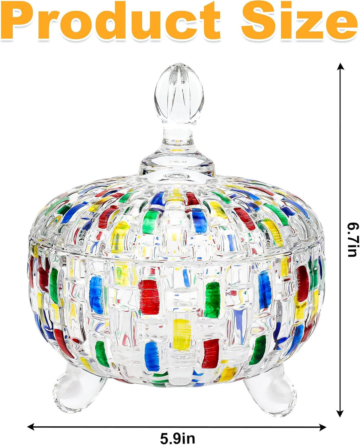 24 oz Candy Dish with Lid, Decorative Candy Dishes Container,Embossed Glass Jar, Colorful Crystal Storage Bowl Desk