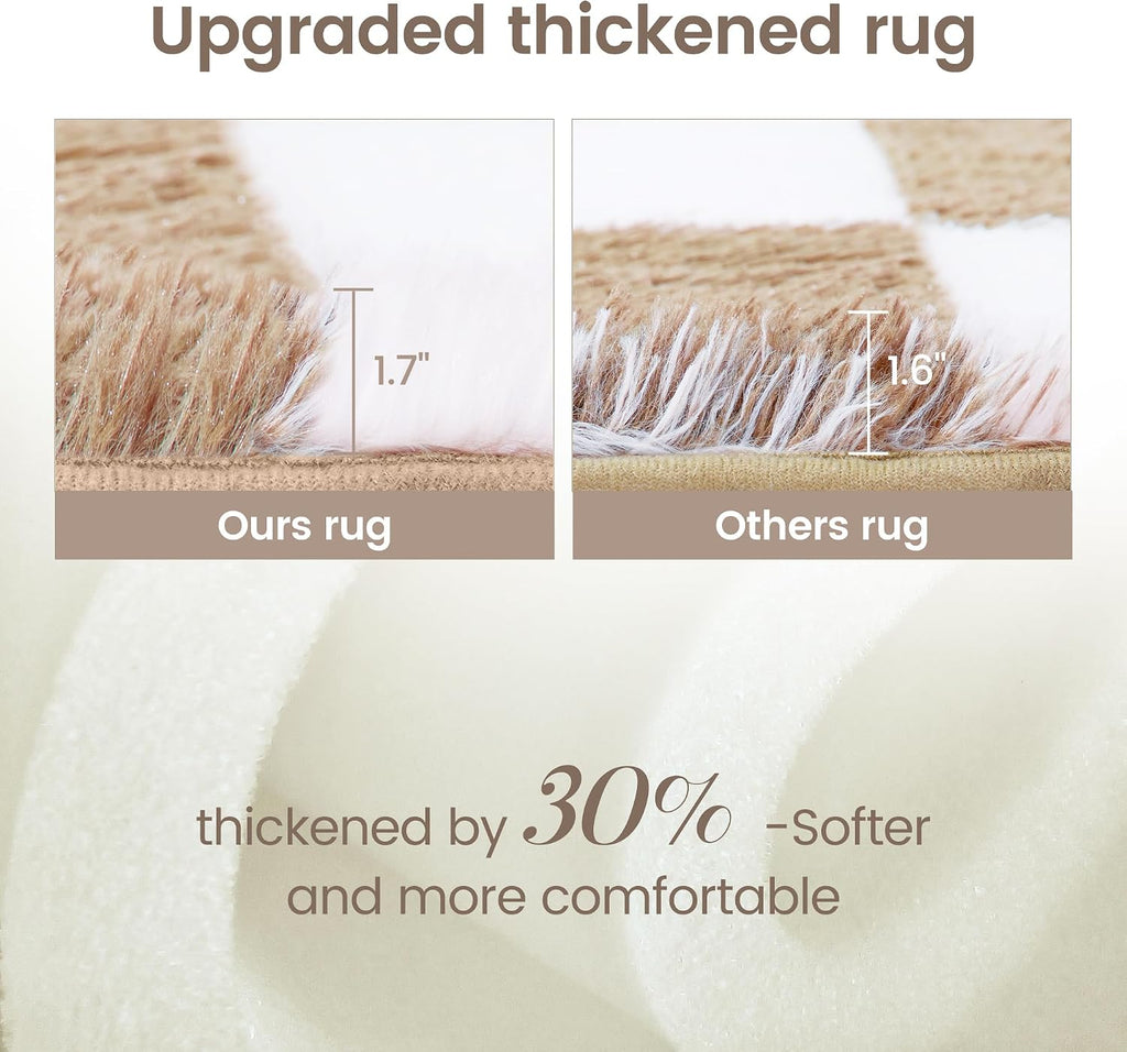Super Soft Rug, Beige and White Area Rug Classic Checkered Shaggy Anti-Skid High Pile Soft Fluffy Rug Fuzzy