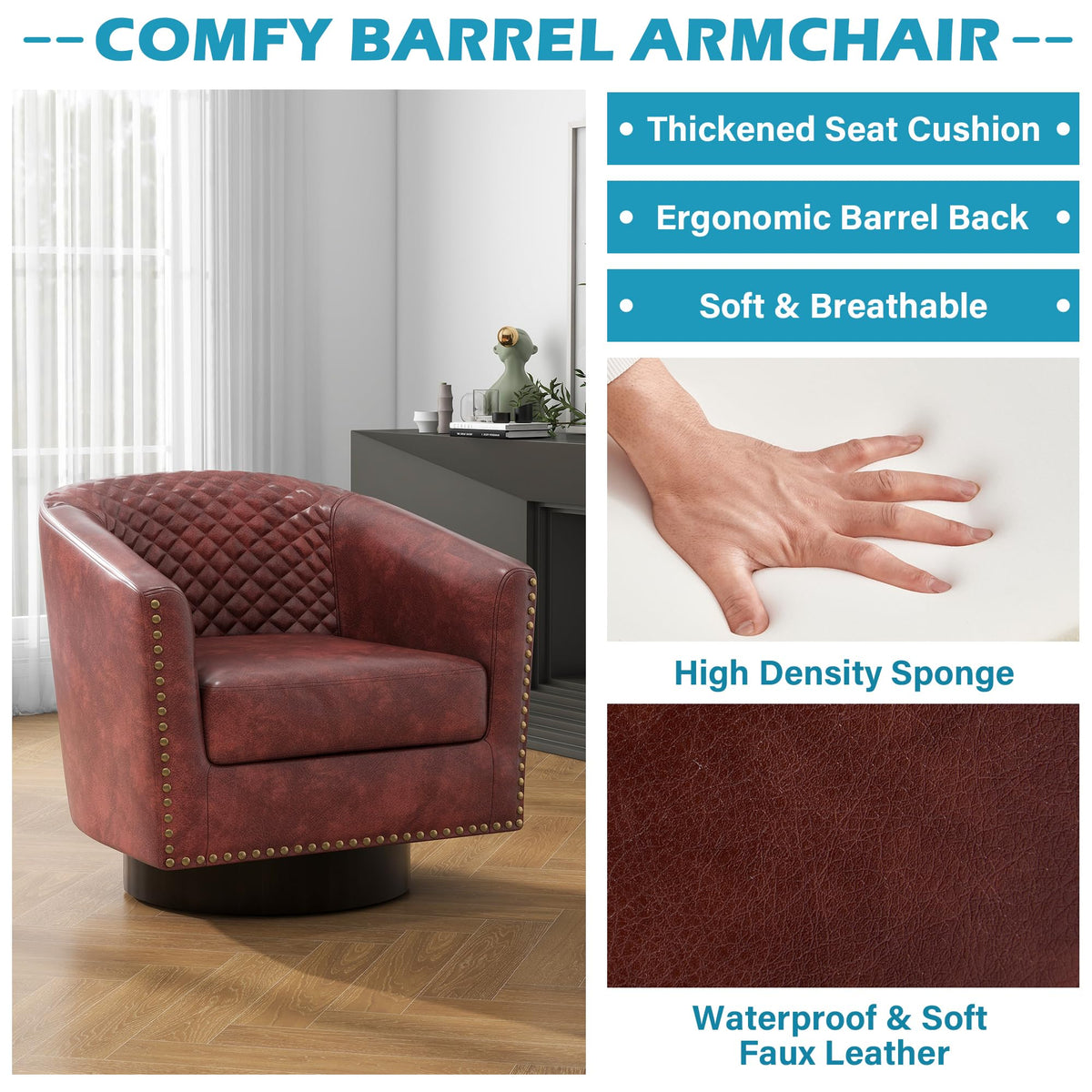 PU Leather Swivel Accent Chairs Set of 4, Barrel Club Chair, Red Brown