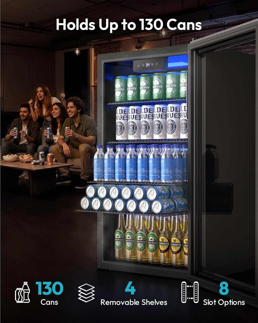 Mini Fridge 130 Can Beverage Refrigerator Cooler Glass Door for Soda Wine Beer, Beverage Cooler for Home, Bar