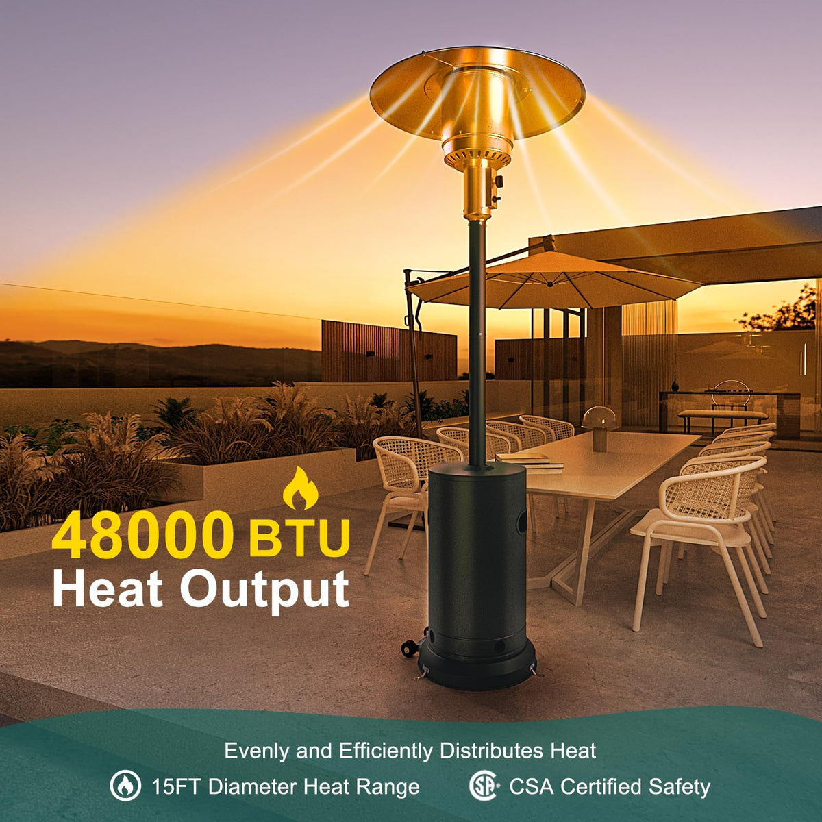 48, 000 BTU Patio Heater, Propane Stainless Steel Patio Heater With Wheels, Outdoor Propane Heaters for Backyard