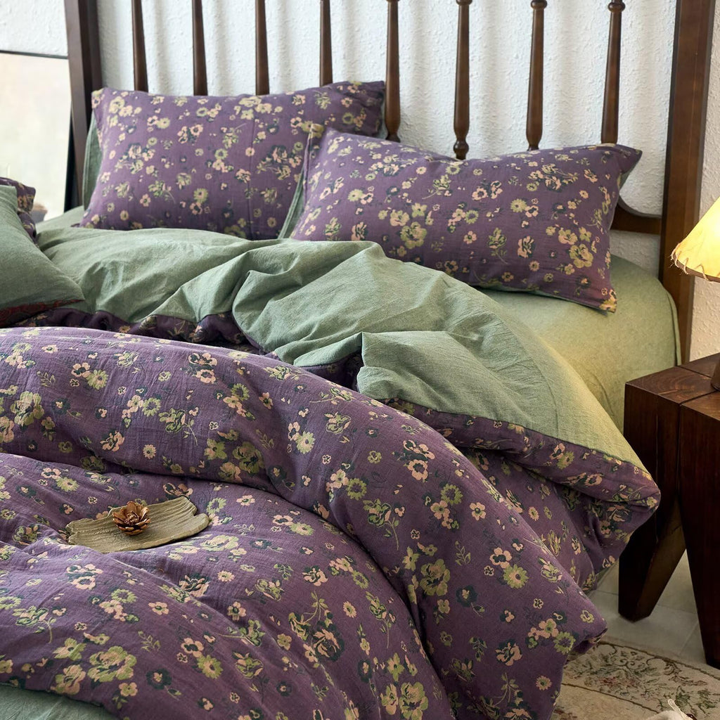 Vintage Purple Green Floral Duvet Cover Set Queen Comforter Cover Yarn-Dyed Jacquard Textured 100% Cotton Muslin
