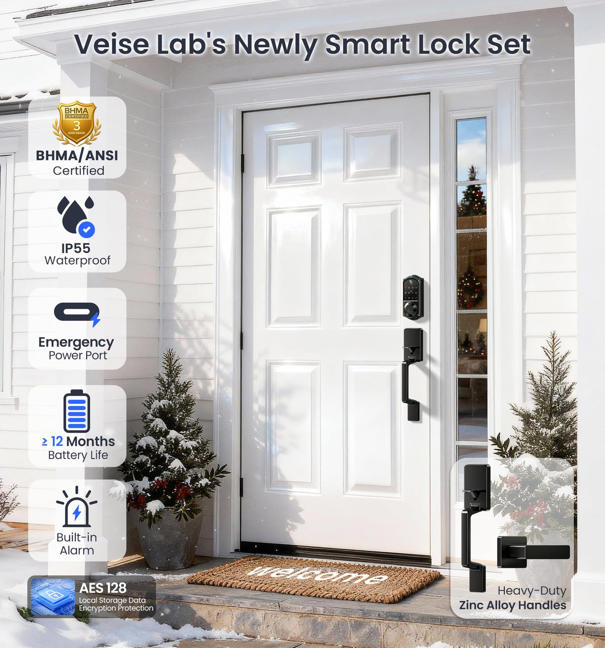 Fingerprint Smart Front Door Lock Set, Matte Black