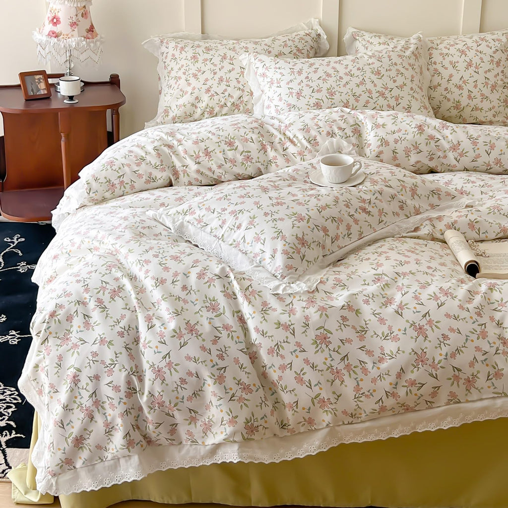 Girls Floral Ruffle Bedding Pink Flower Duvet Cover Queen Romantic Princess Lace Comforter Cover Cotton Boho Floral