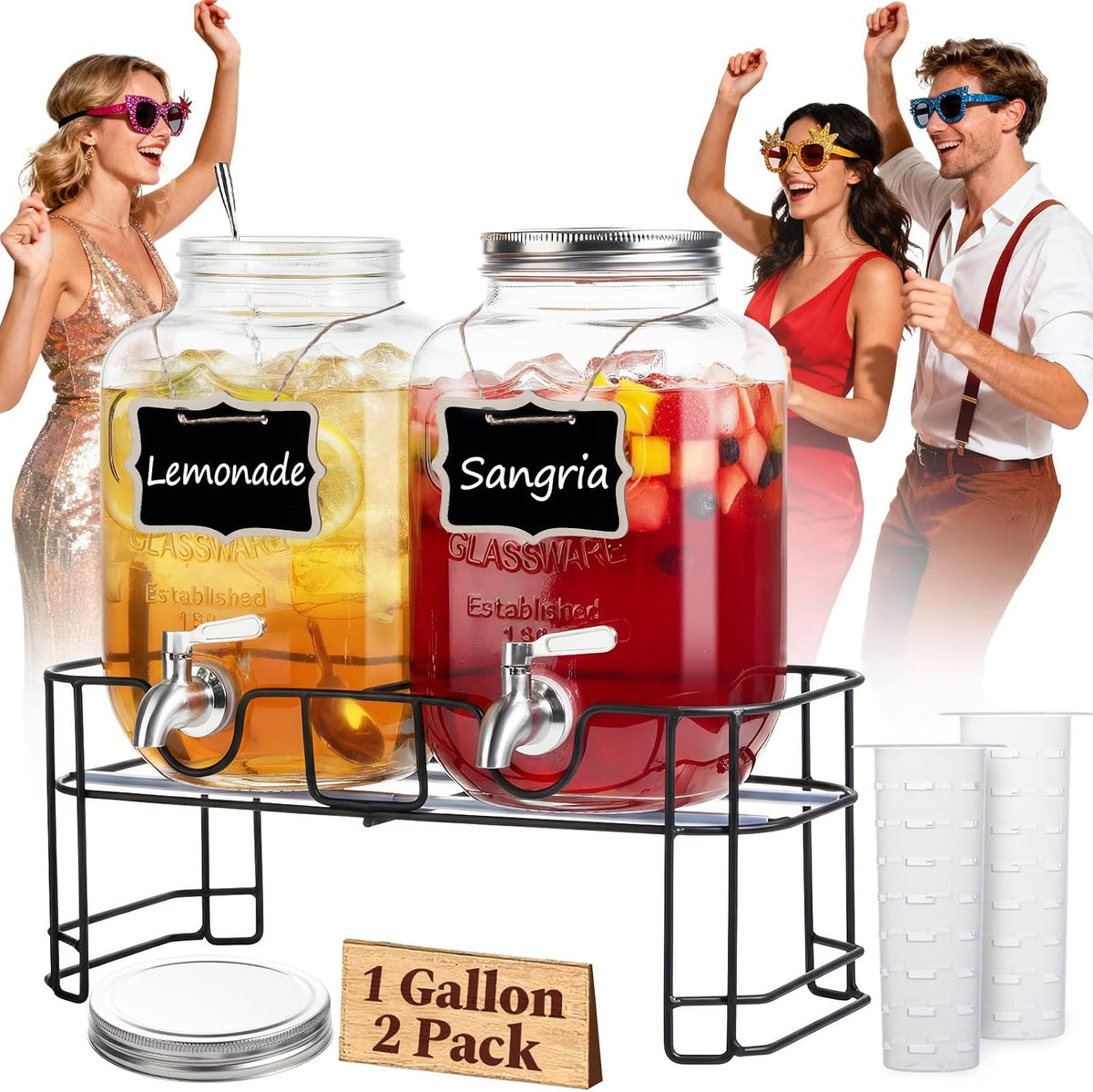 Gallon for Parties, 2 Pack Leakproof Beverage Dispenser with Stand & 18/10 Stainless Steel Spigot & Filter - Set of 2