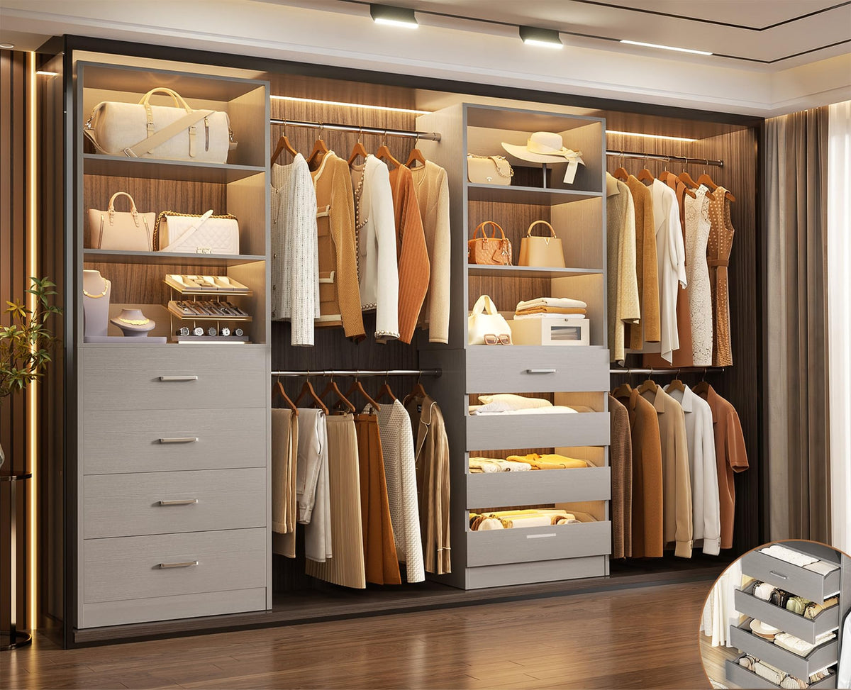 Closet System, 6-15Ft Closet Organizer with 8 Wooden Drawers