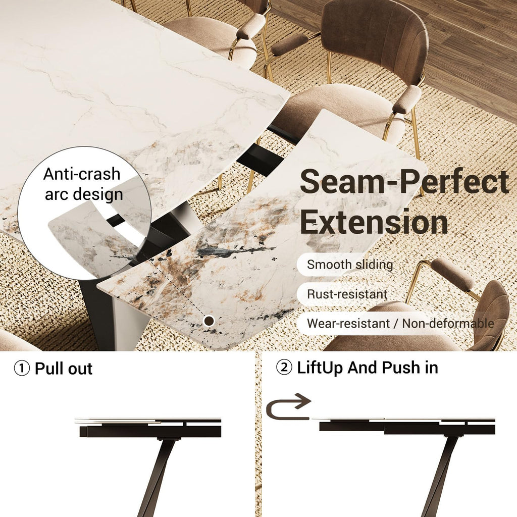 Extendable Dining Table with Leaf, 78"-110" Rectangular Sintered Stone, Marble-Look Top, Seats 6-14, Metal Base
