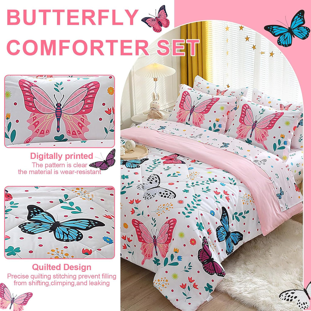 Girls Butterfly Comforter Set 7 Piece Bed in A Bag Colorful Flowers Leaves Bedding Set for Kids Teens Super Soft