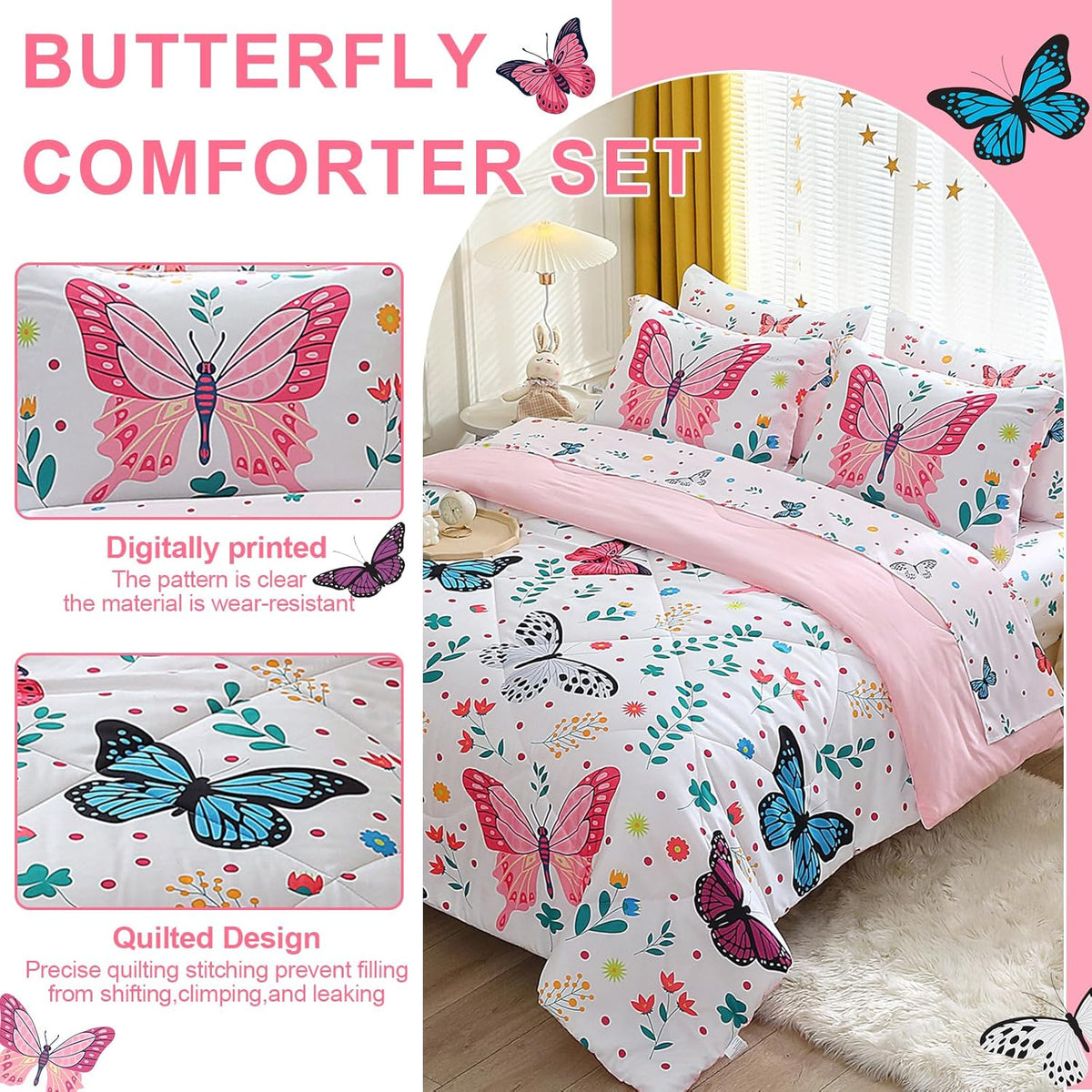Girls Butterfly Comforter Set 7 Piece Bed in A Bag Colorful Flowers Leaves Bedding Set for Kids Teens Super Soft