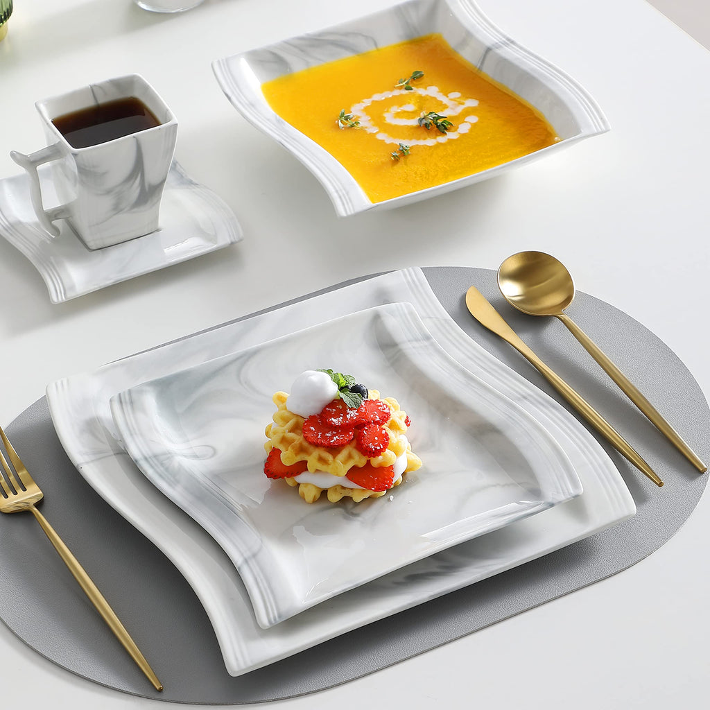 Plates and Bowls Sets, 30 Piece Porcelain Dinnerware Sets for 6, Square Dinnerware Set with Dinner Plate, Dessert