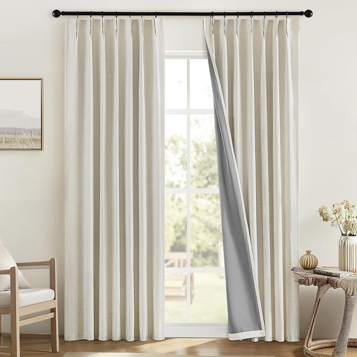 Linen Pinch Pleated 100% Blackout Curtains for Bedroom 2 Panels Set - Back Tab Track Cream Black Out