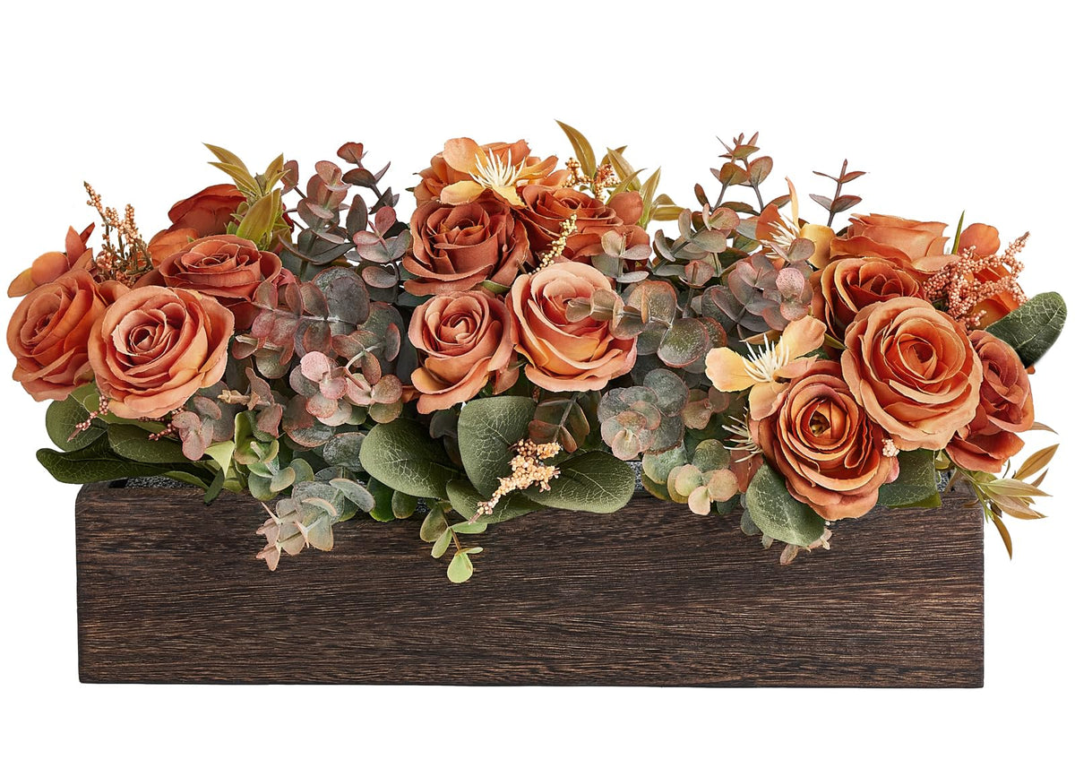 Artificial Flowers in Wood Box, Fall Centerpieces for Table Decor