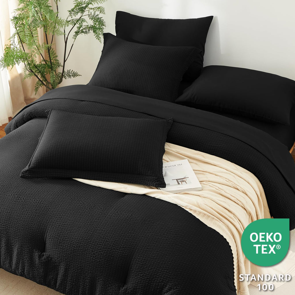 King Size Comforter Set Black - 7 Pieces Striped Seersucker Bed in a Bag, Soft Lightweight Boho Bedding Set with All