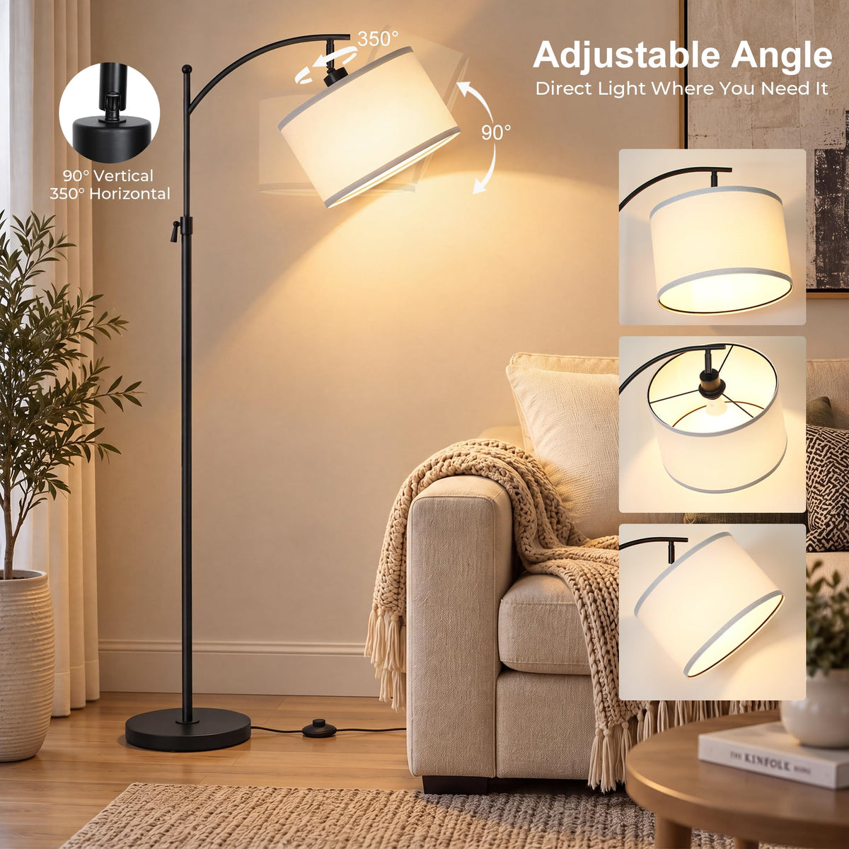 Black Arc Floor Lamp 55-63" Adjustable, 3 Color 9W LED Bulb Included