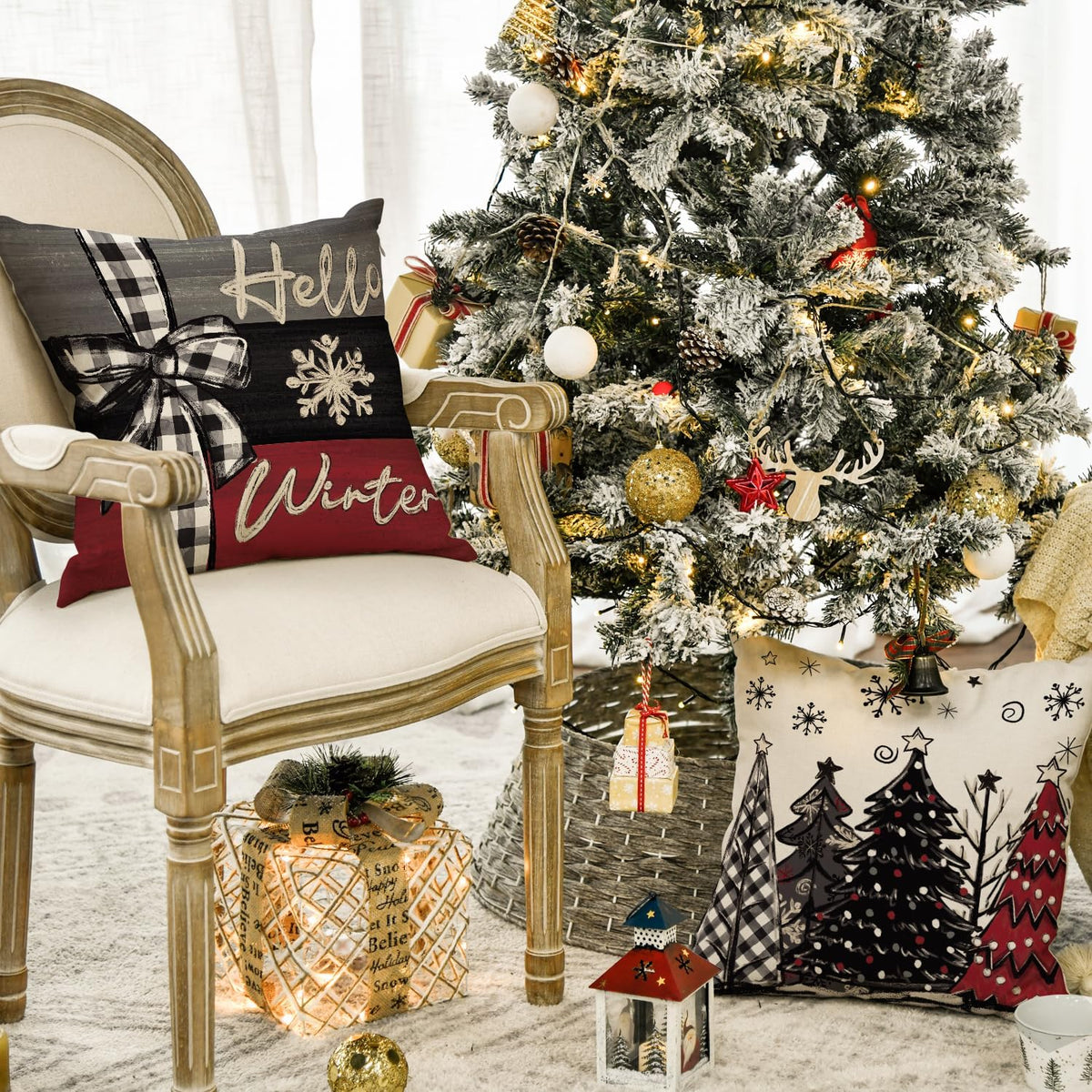 Merry Christmas Joy Xmas Trees Red Throw Pillow Covers, 20x20 Inch Christmas Winter Holiday Cushion Case Decoration - Set of 4